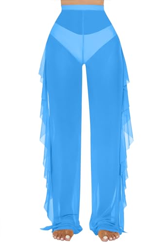 Image of Jumppmile Women's Ruffle Sheer Mesh Swimwear Bikini Cover Up Pants See Through