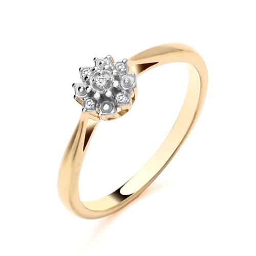 Image of Old English Jewellers 9ct Yellow Gold on Sterling Silver 925 Natural Diamond Cluster Engagement Ring - Available in sizes K to S - Silver Ring for Women Ladies (K)