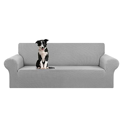 KEKUOU Stretch Oversized Sofa Slipcover 1 Piece Couch Sofa Cover (94"-110") Furniture Protector 4 Seater Sofa with Elastic Bottom for Kids,Pet.Jacquard Checked Pattern Fabric(X Large,Silver)