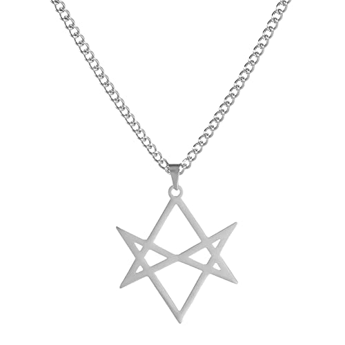 VASSAGO Thelema Unicursal Hexagram Symbol Necklace Stainless Steel 6-Pointed Star Pendant Necklace Vintage Religion Talisman Amulet Jewelry Gift for Men Women, Stainless Steel, No Gemstone