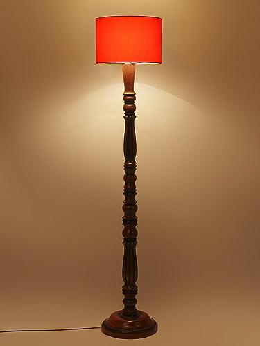 Image of Cotton Shade Floor Lamp with Wooden Base - Height 56 Inches, Orange | Modern Standing Lamp for Living Room, Bedroom, Office | Stylish & Decorative Home Lighting | Elegant Decor