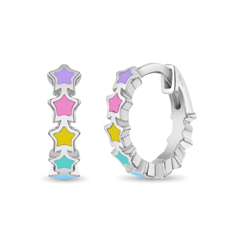 925 Sterling Silver Tiny Multicolor Enamel Star Huggie Hoop Earrings For Girls - Beautiful Multicolored Enamel Earrings For Children - Star Themed Jewelry for Young Girls