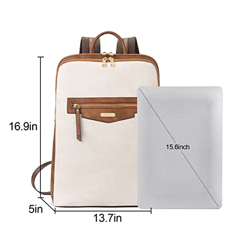 Cluci Leather Laptop Backpack For Women 15.6 Inch Computer Bag Travel Business Daypack Coarse Grain Beige With Brown #TOP3