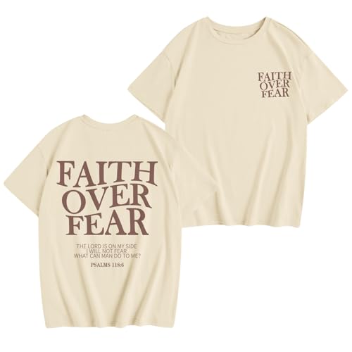 Image of Girls Faith Over Fear Christian Shirts for Kids Jesus God Bible Verse Religious Tshirt Cute Preppy Graphic Tees Tops