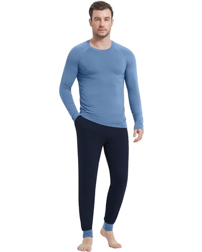 Image of NACHILA Mens Pajamas Set Long Sleeve Henley Sleepwear Top Soft Jogger Pants Pajamas Cool Pjs Set,Viscose Made from Bamboo