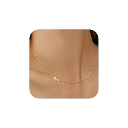 LUCA SMITH Gold Cross Necklaces for Women 14K Gold Sideway Cross Necklace Dainty Small Cross Sideway Pendant NecklaceTrendy Cute Charm Chain Easter Baptism Religious Faith Jewelry Giftgold