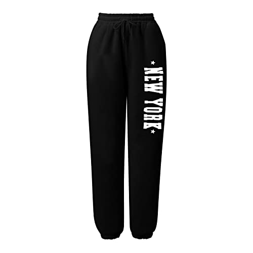 Sweatpants Casual Solid New York Womens With Pockets Classic Athletic Loungewear Lounge Pants Women Baggy Activewear Black #TOP3