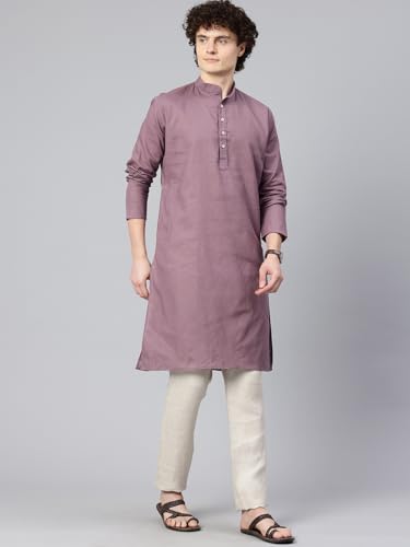 Image of Majestic Man Men's Cotton Regular Fit Casual Mandarin Collar Ethnic Motifs Solid Long Kurta
