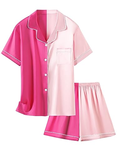 Image of Schbbbta Girls Womens Pajamas, Satin Silky Pjs Set Kids 2Pcs Button-Down Nightwear Sleepwear Gift for Mommy and me