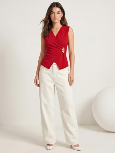 Image of Selvia Red Sleeveless Gold Tone Buckle Wrap Tops for Women Western