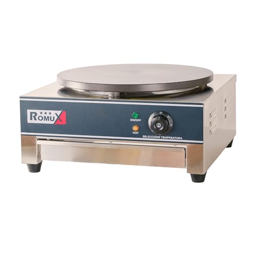Romux® Crepera Profesional Simple Eléctrica de Sobremesa en acero inoxidable con 1 Placa de Hierro Fundido de 40 cm Ø | Crepera Industrial - 2500 W