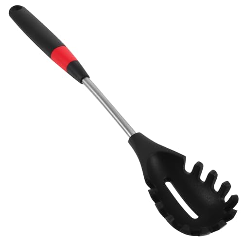 BESPORTBLE Stainless Steel Extended Handle Silicone Noodle Spoon with Slotted Colander for Kitchen Utensils, Heat Resistant Spaghetti Strainer and Serving Spoon for Home and Dining Use