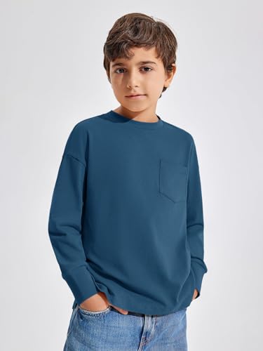 Haloumoning Boys Long Sleeve Shirts Kids Fashion Crewneck Side Slit Tops Tees with Pocket 5-14 Years2