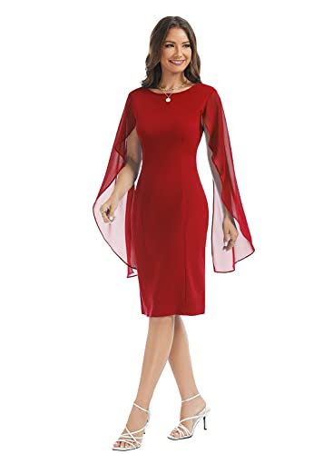Women's Chiffon Cloak Sleeve Mini Cape Dresses V-Back Knee Length Elegant Petite Bodycon Wedding Guest Evening Party Cocktail Semi-Formal Dress 882 Red S #TOP5