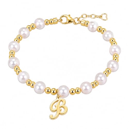 Image of Baby Crystals 14K Gold Plated Personalized Initial Bracelet for Baby Girl with Freshwater Pearls - Newborn Infant Toddler Teen, Birthday Baptism Baby Shower Jewelry Gift