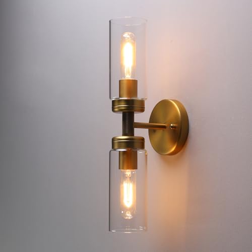 Image of Phansthy Rustic Industrial Wall Sconce Light with 3.14 inch /8cm Tubular Clear Glass Lampshade (2-Light Sconce Antique)