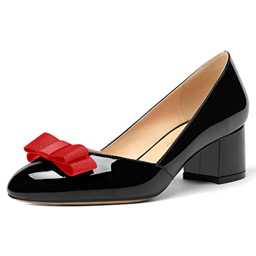 MODENCOCO Women's Round Toe Bow Slip On Patent Chunky Low Heel Pumps Office Work Dress Shoes 2 Inch