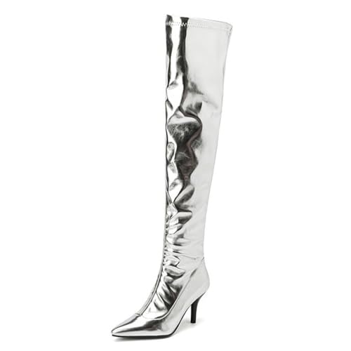 Gueploer Botas de Muslo Alto, Botas Puntiagudas por Encima de la Rodilla para Mujer con Tacones Finos de 8 cm para Fiestas, Vida Diaria,Plata,41 EU