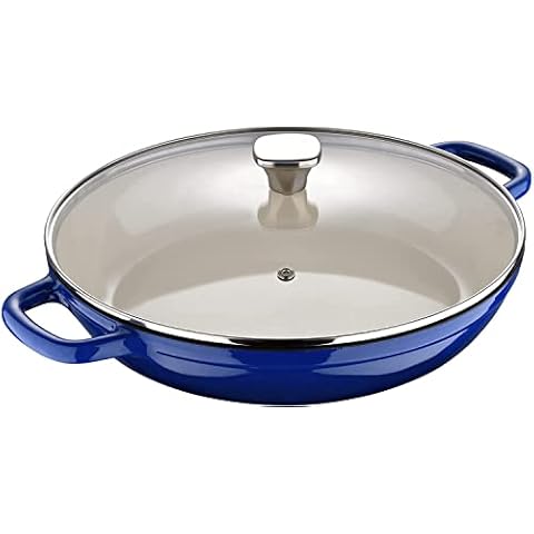 MasterPro Cast Iron Shallow Casserole Dish with Tempered Glass Lid, Non-Stick, Legacy Enamelled Cast Iron Collection, Gorgeous Ombre Design on the Cookware, 3.5 Quart, 3.3L, 30cm, Blue… Cover