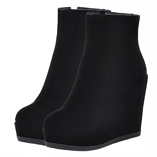 miss left Women Platform Closed Rounded Toe Ankle Boots Side Zipper High Heel Wedge Short Booties Casual Party Work Shoes Size 4-16 US3