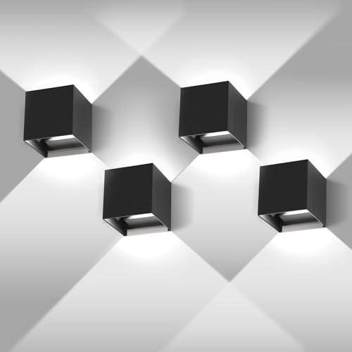 4 Piezas Aplique Pared Exterior/Interior,12W 6500K Luz Blanca Fría Apliques de Pared Interior Impermeable IP65 Ángulo Ajustable Lámparas Exterior Negro para Patio,Terraza,Salón,Jardín,Dormitorio