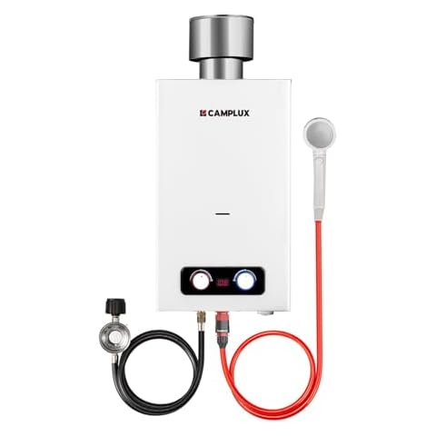 CAMPLUX 2.64 GPM Portable Tankless Water Heater, Outdoor Propane Water Heater with 4.33" S/S Rain Cap, for Camping, Cabin, Windproof Design, 68,000 BTU, BD264C Cover