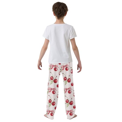 Pajama Bottoms, Cherry Ribbon Bow Pajamas Pant Sleep Long Pants Pink Lounge Wear Elastic Waist Sleepwear Pjs3