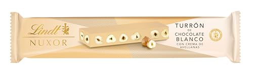 Lindt Nuxor Turrón Chocolate Blanco con avellanas, chocolate Lindt, cremoso, crujiente, para regalar, chocolate con avellanas, 200 g