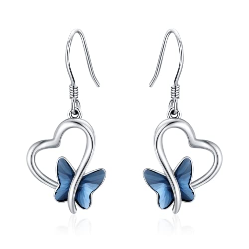 Butterfly Earrings 925 Sterling Silver Heart Butterfly Dangle Drop Earrings with Crystal Moonstone/Opal Jewelry Gifts for Women Girls
