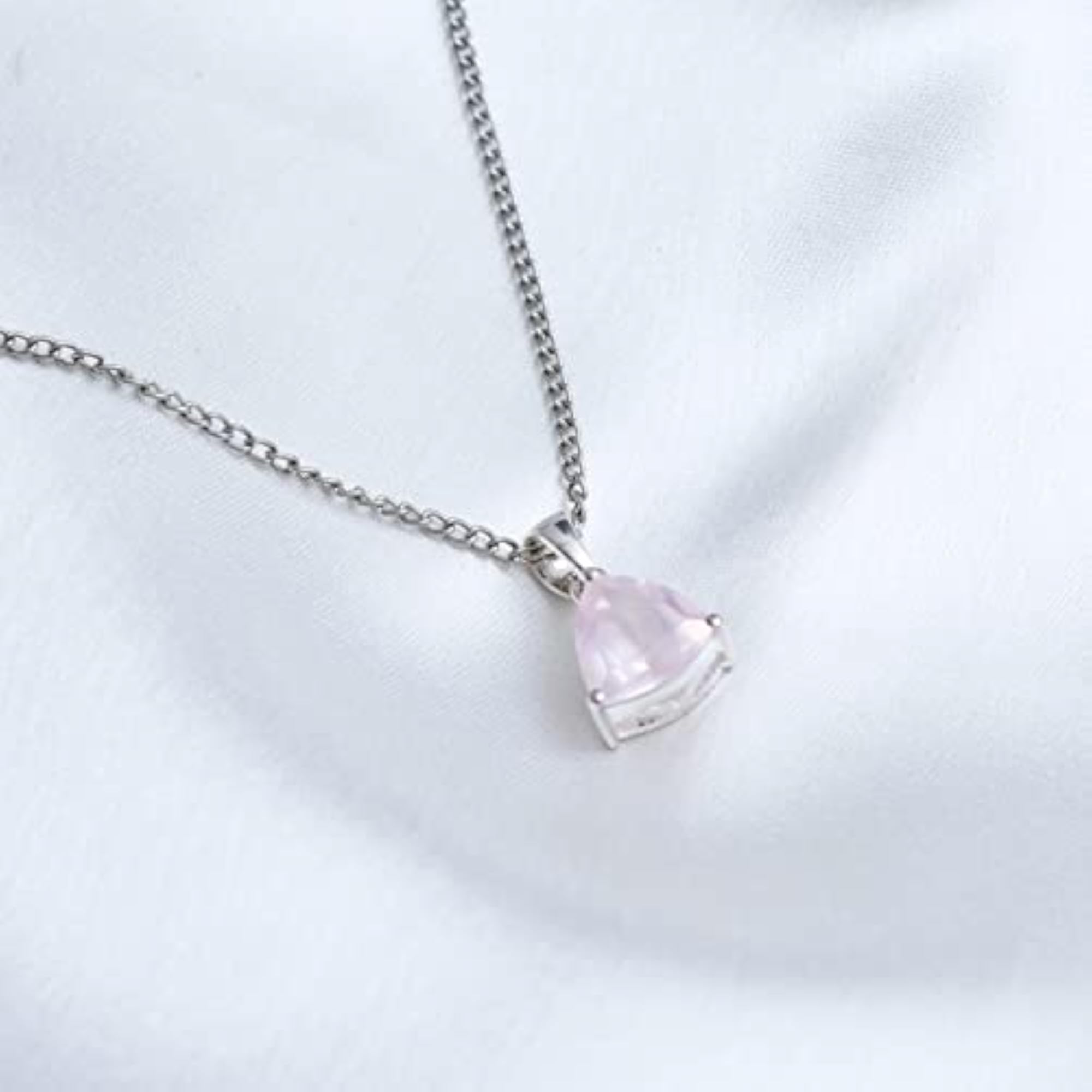 925 Sterling Silver Rose Quartz Triangle Pendant with Chain