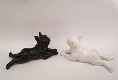 Laure TERRIER Pair of French Bulldog Statues, Lying, Black and White Ceramic Model. Length 5,5 inches