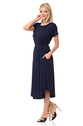 iconic luxe Women's Solid Short Sleeve Flare Midi Dress with Pockets X-Large Navy - Thumbnail 4