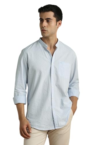 Image of Peter England Men's Casual Mandarin Collar Slim fit Full Sleeve Shirt in 100% Cotton Seersucker with Striped Design
