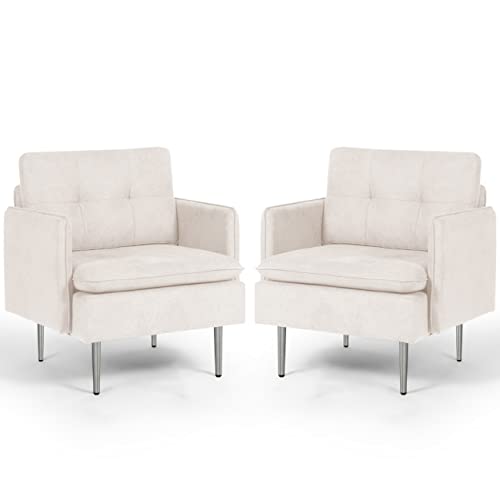 AODAILIHB Accent Chairs for Living Room Set of 2, Deep Seating Armchairs Fabric Comfy Single Sofa Comfy Seat with 4 Metal Legs/Thick Padding for Bedroom (2, Beige)