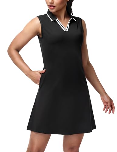 Image of MIER Golf Dresses for Women V Neck Sleeveless Dress with Zip Pocket | For Tennis Pickleball Travel Casual, Soft Breathable, 4-Way Stretch Light Flowy, Ribbed Collar, Reflective Logo, Wrinkle Free