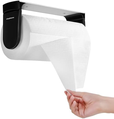 simpletome ONE HAND TEAR Paper Towel Holder Under Cabinet Adhesive or Drilling Installation Aluminum Alloy + ABS (Black)