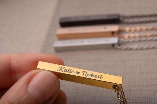 Personalized Necklace With Secret Morse Code - 4 Sides Engraved 3D Verticat Bar Pendant with Custom Text, Jewellery Gift for Boyfriend or Girlfriend (KP.2) (Gold, Chain length: 24")4