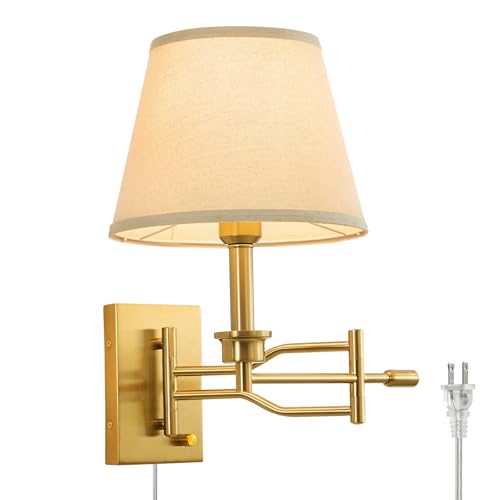 Linour 15 Gold Swing Arm Wall Sconce Adjustable Wall Lamp Plug-in/Wall Mount Sconce with 7 Beige Fabric Shade Wall Mounted Reading Light with On/Off Dimmer Switch for Bedroom Living Room Hallway