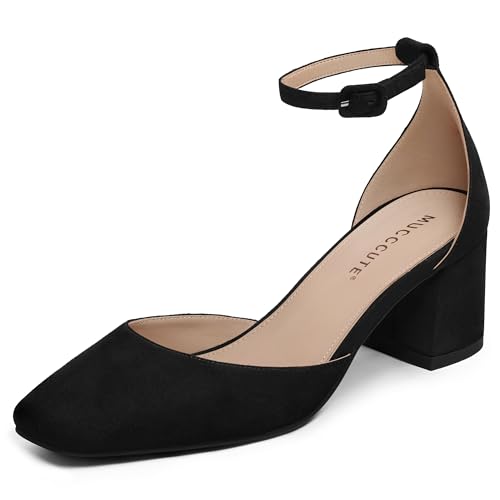 MUCCCUTE Heels for Women Closed Toe Pumps - Chunky Low Heel Block Square Toe Ankle Strap Heels Ladies Business Office Dressy Dress Pumps