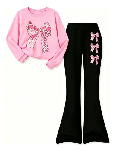 Image of Girls Clothes 2 Piece Cute Bow Print Sweatshirt & Flare Pants Fall Winter Outfits Set Size 7-14Y