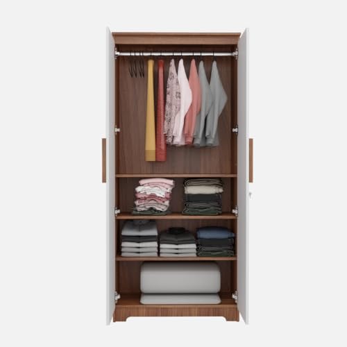 Image of COUCH CULTURE Amber Engineered Wood 2 Door Wardrobe | Almirah | Wardrobe with Hanging Rode and Lock | Storage Organizer | Multipurpose Almirah | 4 Shelves | 1 Year Warranty - White & Leon Teak