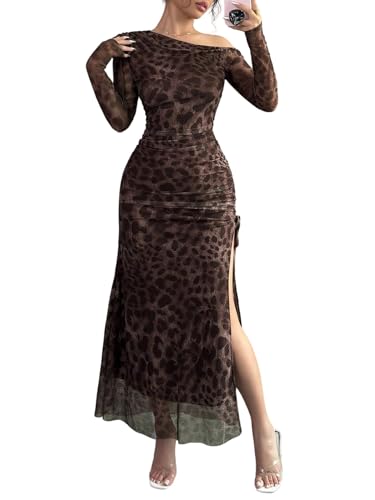 SweatyRocks Damen Leo Kleid Elegant Maxikleid Leoprint Kleider mit Schlitz Off-Shoulder Bodycon Kleider Langarm Partykleid Shulterfreies Meshkleid...