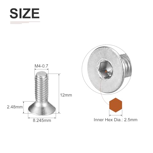 Image of DTGN M4-0.7 x 12mm Flat Head Socket Cap Screws, 100 Pack 304 Stainless Steel Hex Socket Flat Head Screws, Full Thread, Countersunk Bolts