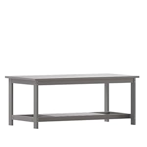 Two Tiered Commercial Grade Adirondack Coffee Table Gray Finish Poly Resin Wood All Weather Slatted Shelf Design