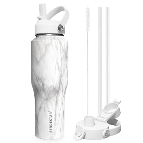 Image of SENDESTAR 32oz Water Bottle Wide Mouth Stainless Steel Vacuum Insulated Double Wall with 2 Straw Lids Fit in Any Car Cup Holder