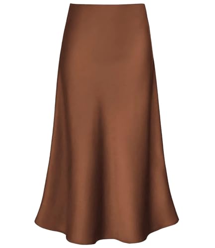 Modegal Women's Satin High Waist Hidden Elasticized Waistband Flared Casual A Line Midi Skirt Brown