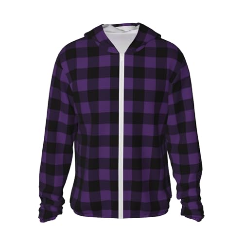 Zip Up Hoodie for Men Women - Purple Black Plaid Hooded Sun Long Sleeve Shirt Men Women with Pockets