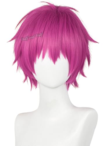 Image of Short Rose Red Anime Cosplay Wig for Men Pink Red Male Wigs with Bangs | Dark Pink Spiky Layered Synthetic Hair Wigs for Unisex Women Halloween Party Costumes