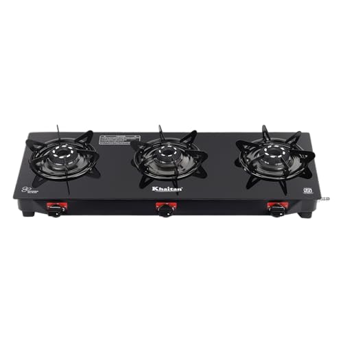 Image of Khaitan 3 Burner Selios Black Manual Gas Stove Toughened Glass, Alloy Premium Burners, ISI Marked with 1 Year Warranty