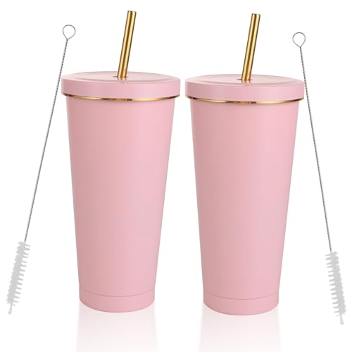 SENENQU 2 Pack 750ml / 25oz Insulated Tumbler with Straw and Lid, Stainless Steel Drinking Cup, Double Wall Vacuum Coffee Cup Travel Mug for Cold and Hot Drinks - Pink